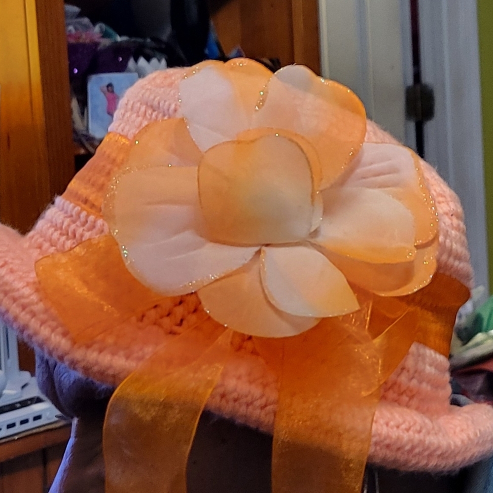 Peach Knit Hat with Orange Flower Accent